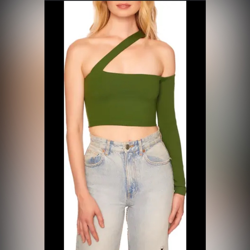Susana Monaco Olive Green One-Shoulder Crop Top